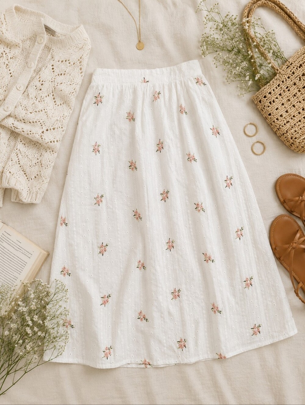 Kirious LA White Eyelet Midi Skirt Cottagecore Prairie Coquette Summer Large